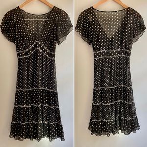 Silk BCBGMaxAzria Peasant Midi Dress Tiered, Ruffle Sleeve, Black Polka Dot